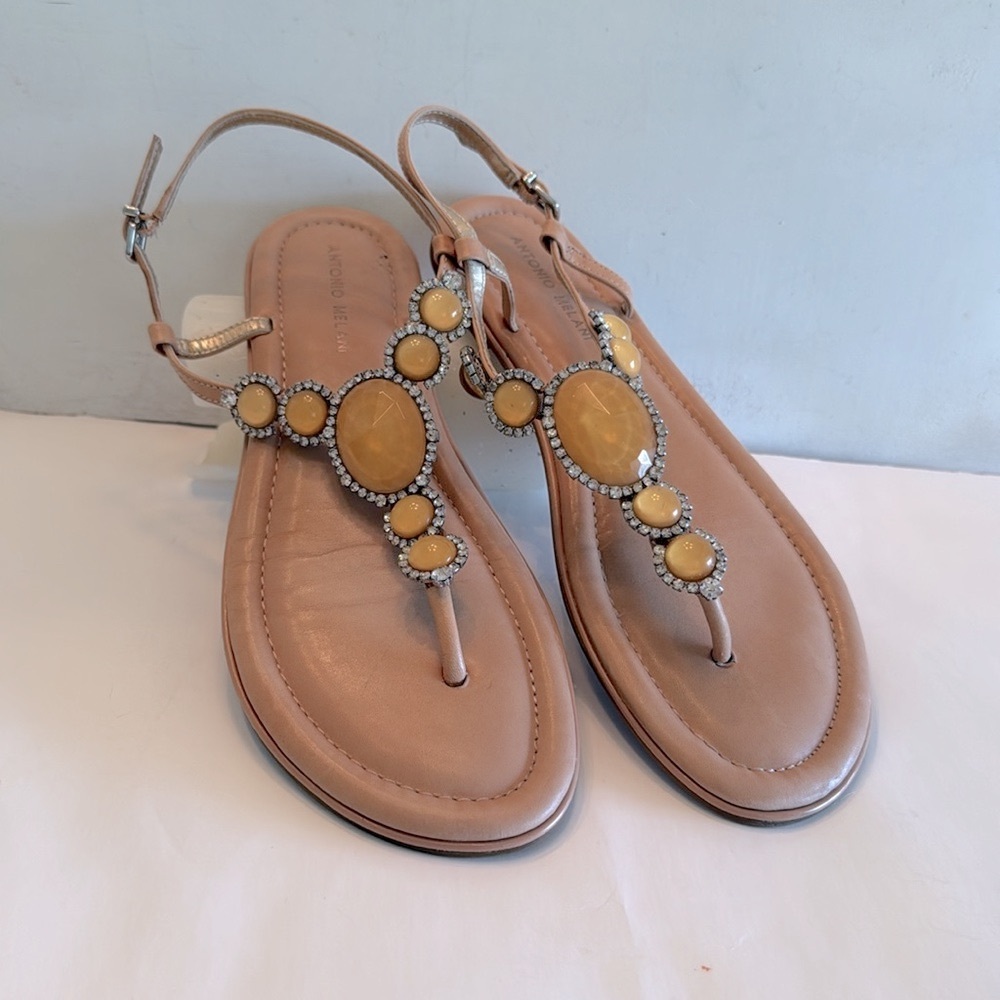 Antonio Melani sandals leather faux jewel  beige flat thongs ankle straps summer